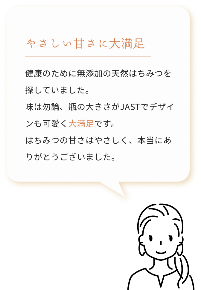 やさしい甘さに大満足 健康のために無添加の天然はちみつを探していました。味は勿論、瓶の大きさがJASTでデザインも可愛く大満足です。はちみつの甘さはやさしく、本当にありがとうございました。
