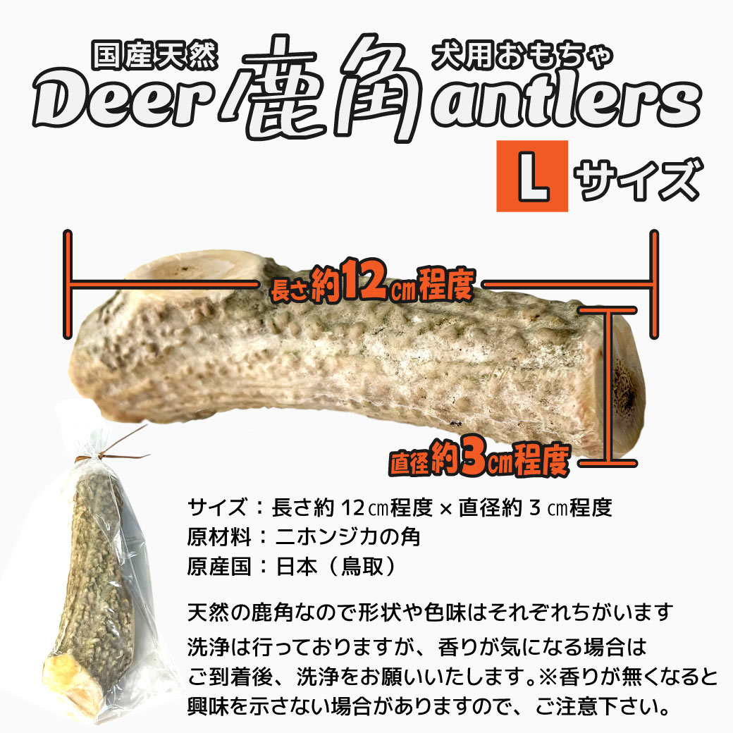 Deer antlers 国産天然犬用おもちゃ 鹿角 Lサイズ サイズ：長さ約12㎝程度×直径約3㎝程度 原材料：二ホンジカの角 原産国：日本（鳥取） 天然の鹿角なので形状や色味はそれぞれちがいます 洗浄は行っておりますが、香りが気になる場合はご到着後、洗浄をお願いいたします。※香りが無くなると興味を示さない場合がありますので、ご注意下さい。